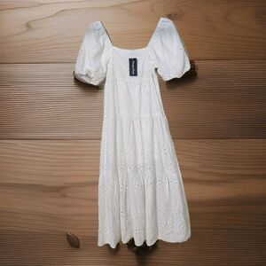 Meadow Rhodes Tiered Eyelette Maxi Dress Womens SM Balloon Sleeve Smocked NWT